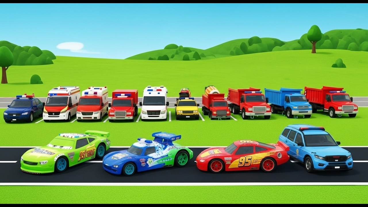 Garage with Colors – ALL MONSTER TRUCKS, SPIDER MIXER, JEEPS & McQUEEN with DOUBLE FLATBED TRAILER
