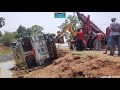 3718 Lpt Tata Truck Accident Turn Over On Pond Rescued By Jcb Backhoe Loader & Wheel Crane Machine.