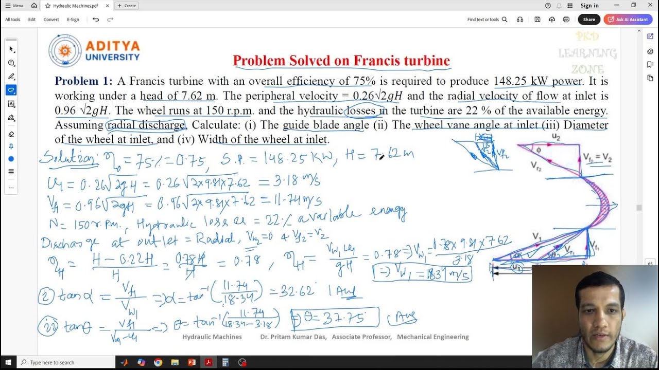 Lecture 45 Problem Solved on Francis turbine #Hydraulic #Machine - YouTube
