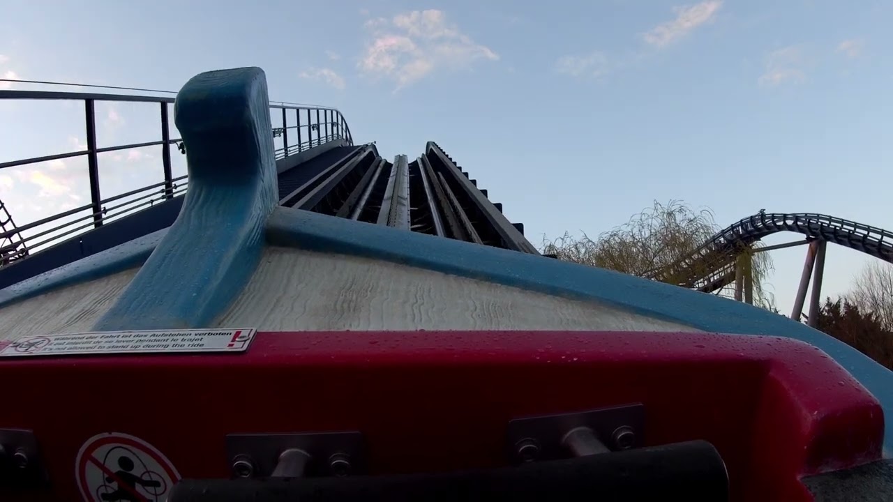 Wasserachterbahn Poseidon Europa-Park Onride POV 03/2022 NEU nach Schienentausch im Sonnenuntergang