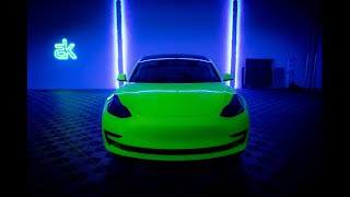 Highlighter yellow Tesla Model 3 vinyl wrap Yellow Tesla Model 3