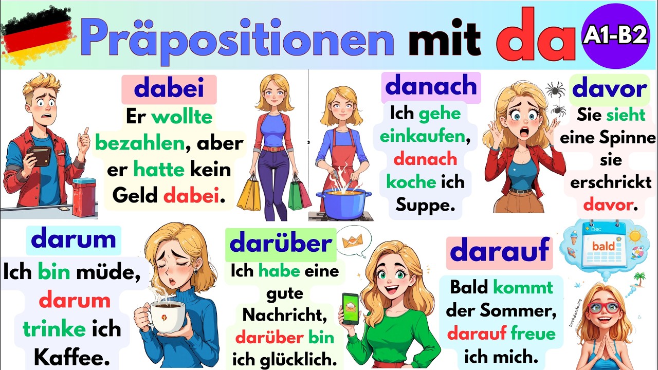 Präpositionen mit da 🇩🇪 | darum, darüber, dazu, damit 🔥 leicht erklärt