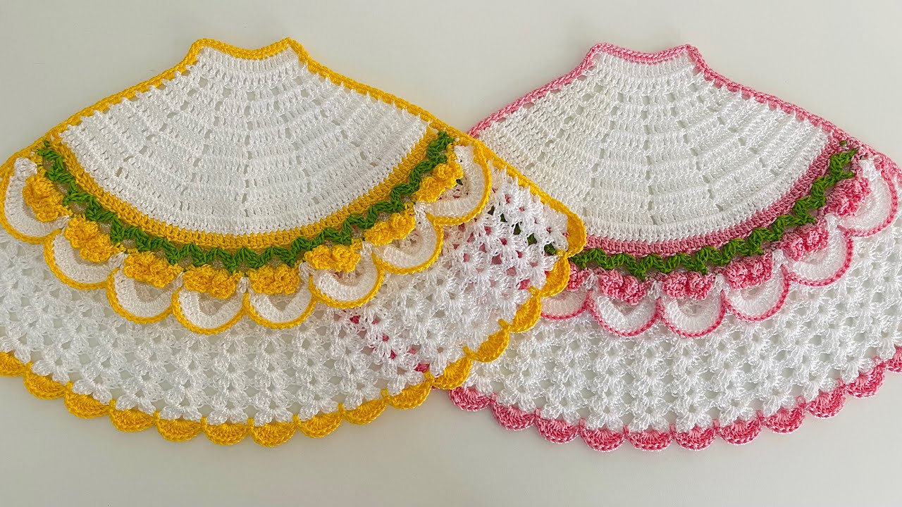 Saia de crochê para bonequinha pintada em pano de prato passo a passo