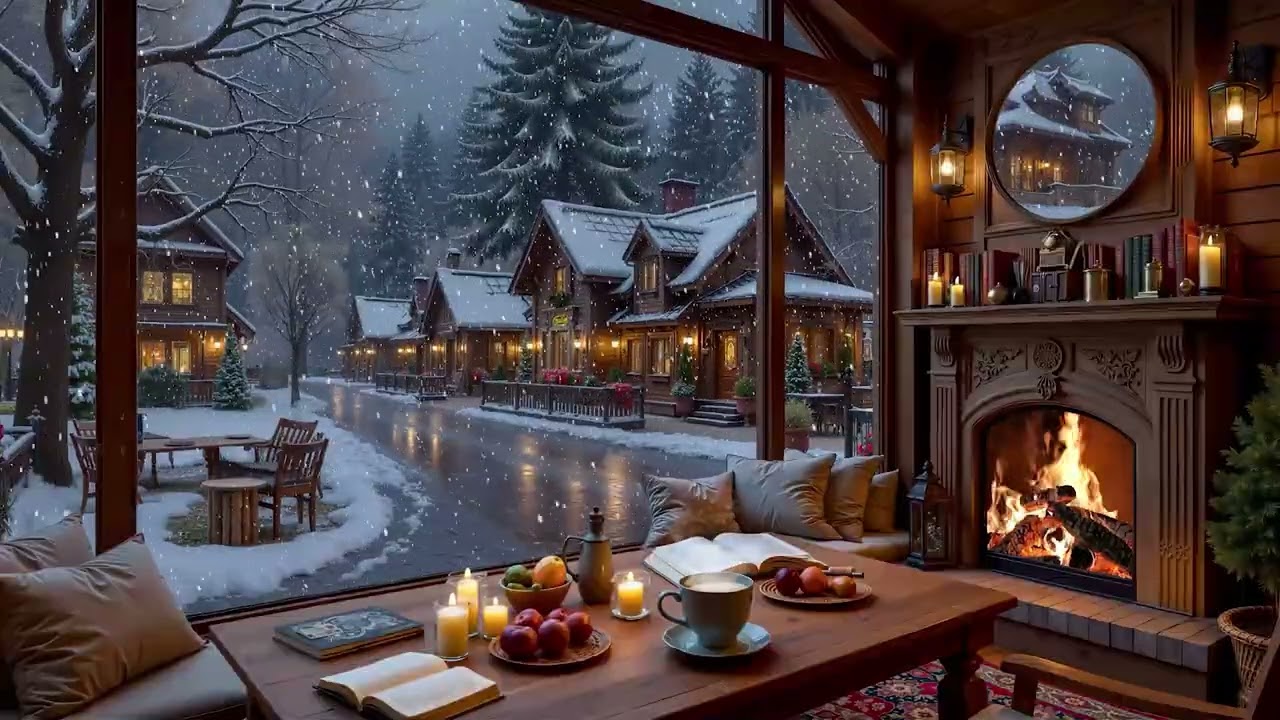 Прекрасное зимнее кафе ❄️ Нежная джазовая музыка и уютный камин для учебы и работы.