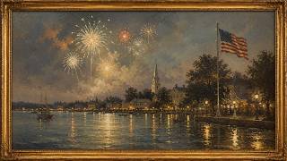 Vintage Fireworks Frame TV Art | Patriotic Harbor Town at Night Painting | 4K No Sound screenshot 5