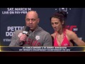 Jedrzejczyk hands Esparza a cookie during UFC 185 weigh-ins