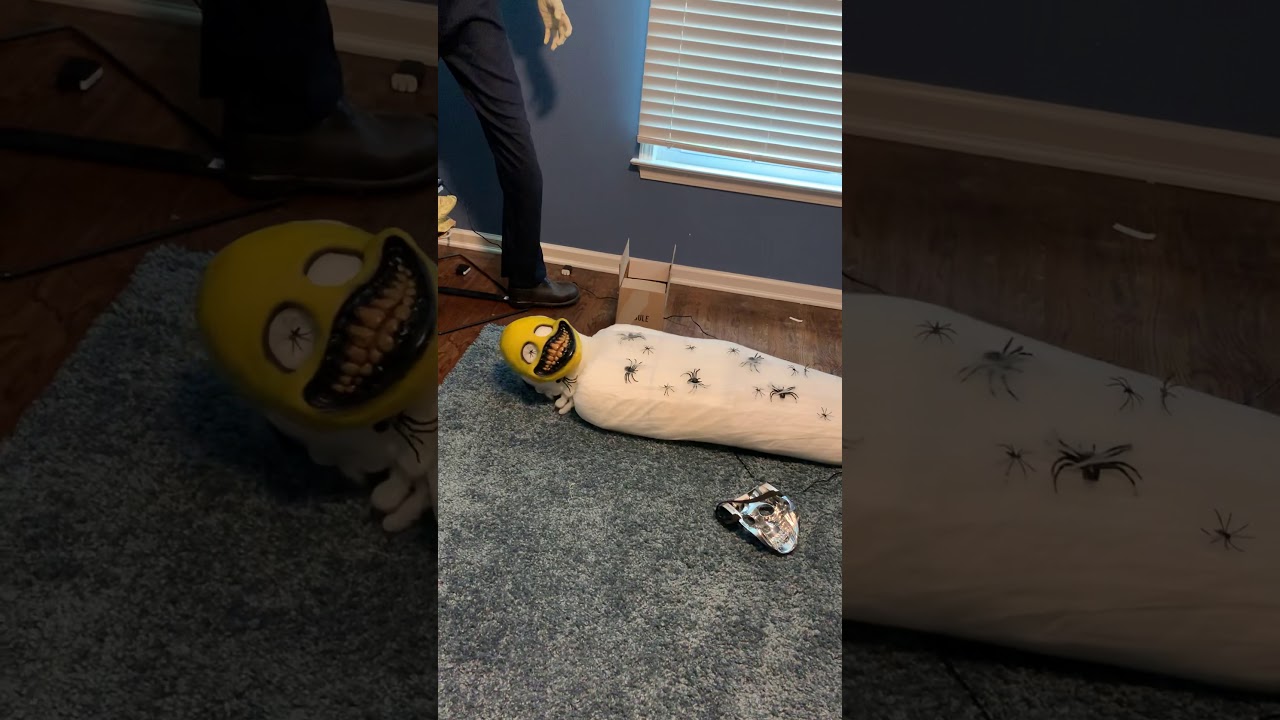 Spirit Halloween Cocooned Corpse with Yellow Smiley mask