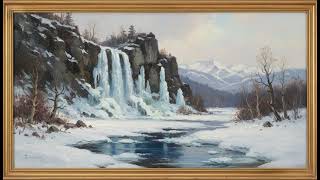Snow Covered Cliffs Vintage Painting  Gold Frame TV Screensaver 4K