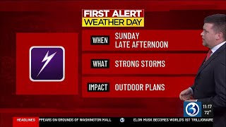 WEATHER: First Alert Weather Day Sunday for afternoon storms