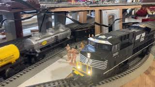 Lionel Electric Trains.Four Trains Running.Carrera slot car action