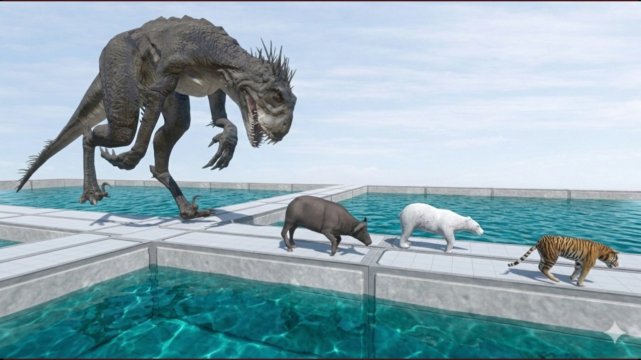 Dinosaurs and Animals Flee Land Predators – But Aquatic Hunters Control Every Pool Below