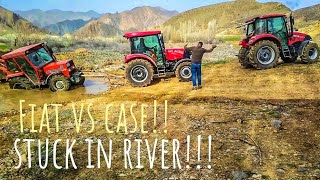 2 Case JX 50C saving a Fiat tractor with fully loaded trailer from a river - Deep stuck!!!