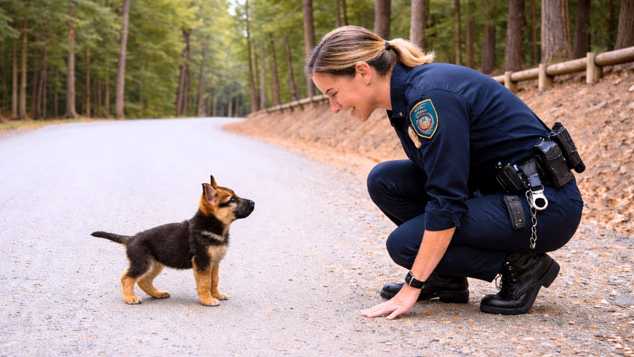 Un Chiot Suit Une Policière Pour De L’Aide — Quand Elle Comprend Pourquoi, Elle Fond En Larmes