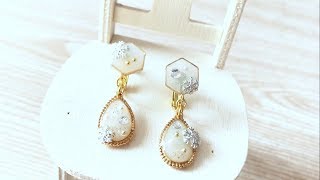 冬の贈り物〜雪としずくと結晶のイヤリング ハンドメイド UVレジン 初心者 snow drop crystal earring handmade UVresin beginner