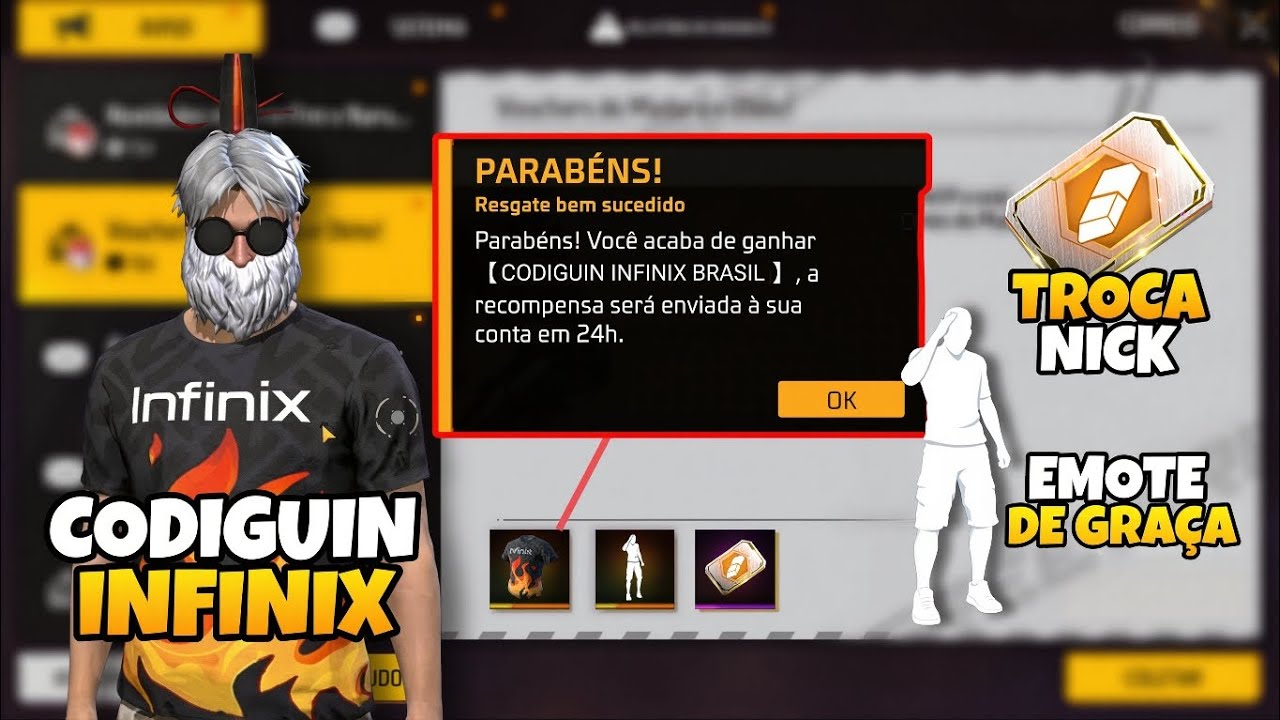 FINALMENTE!! CODIGUIN INFINIX PARA TODOS, EMOTE GRÁTIS E TROCA NICK NO FREE FIRE