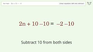 Linear equation with one unknown: Solve 2(n+5)=-2 step-by-step solution