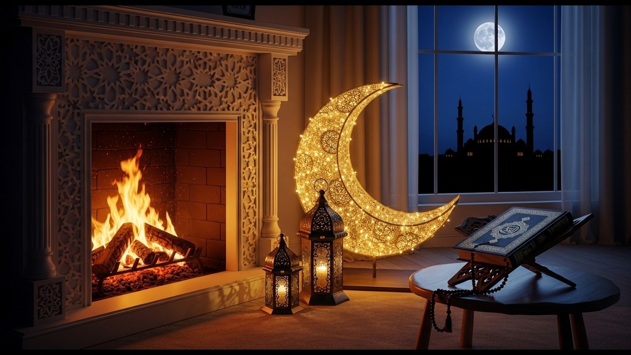 Ramadhan Fireplace Sounds with Gentle Piano | Cozy Night Ambience