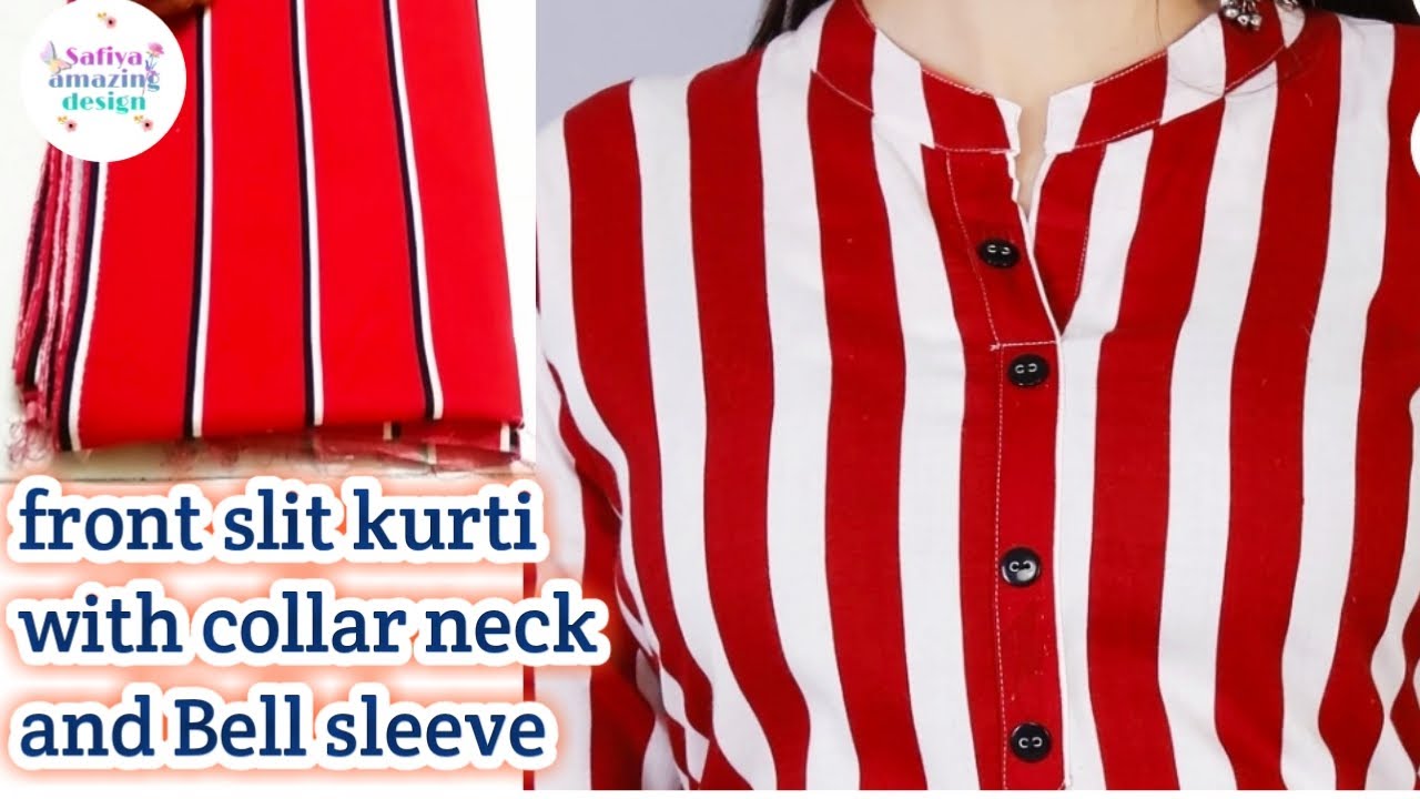 Front Slit Long Kurti with Chinese collar and bell sleeve cutting & stitching full tutorial in