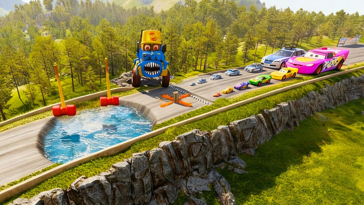 Big & Small McQueen & Police Car vs Zombie Mack & Mega Ramp Downhill Race - BeamNG.drive