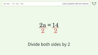 Linear equation with one unknown: Solve -6=2(a-10) step-by-step solution