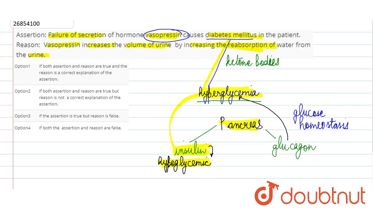 Assertion: Failure of secretion of hormone vasopressin causes diabetes mellitus in the patient.�
