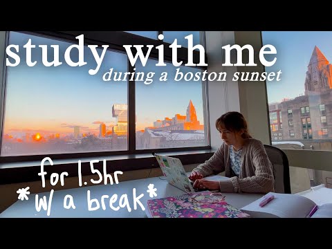 1.5-HOUR STUDY WITH ME || boston sunset, background noise, keyboard asmr, no music, 5-min break