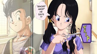 Videl takes Gohan's advice and cuts her long hair!