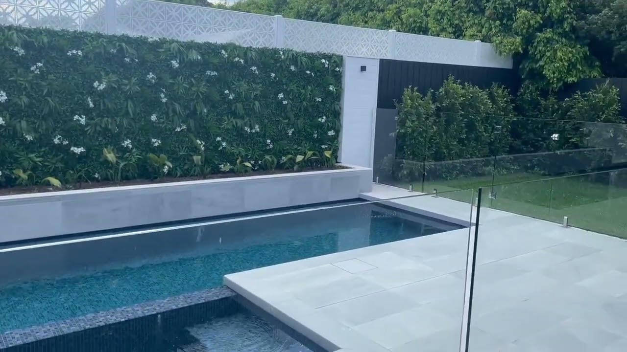 Premium Artificial Vertical Garden Panel with White Flowers DIY Installation by a Modern Pool