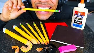 ASMR EDIBLE SCHOOL SUPPLIES *PRANK* EATING PENCILS GLUE NOTEBOOK PAPER MUKBANG 먹방 MOUTH SOUNDS