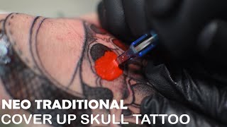 COVER UP TATTOO - NEO TRADITIONAL SKULL   TIMELAPSE