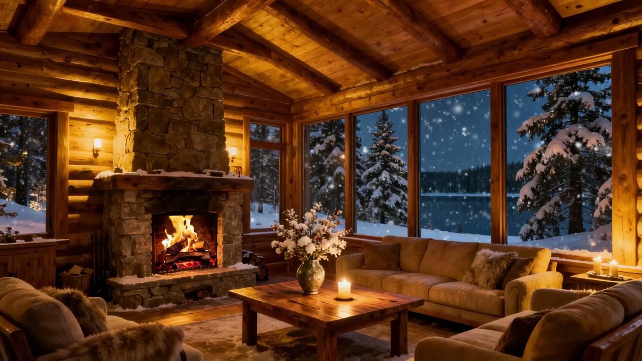 Winter Night Fireplace Ambience ❄️ Soft Piano & Violin | Snowfall, Relax, Sleep (1 Hour)