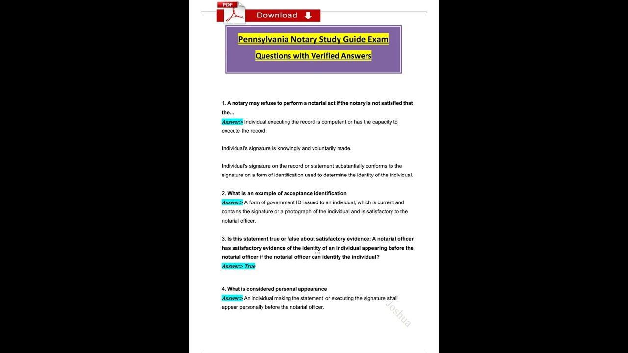 Pennsylvania Notary Public Exam Study Guide Questions Latest 2025   2026 with Revised Correct Answer
