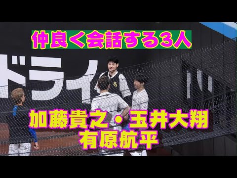 20230806【加藤貴之・玉井大翔・有原航平】試合前に会話する3人