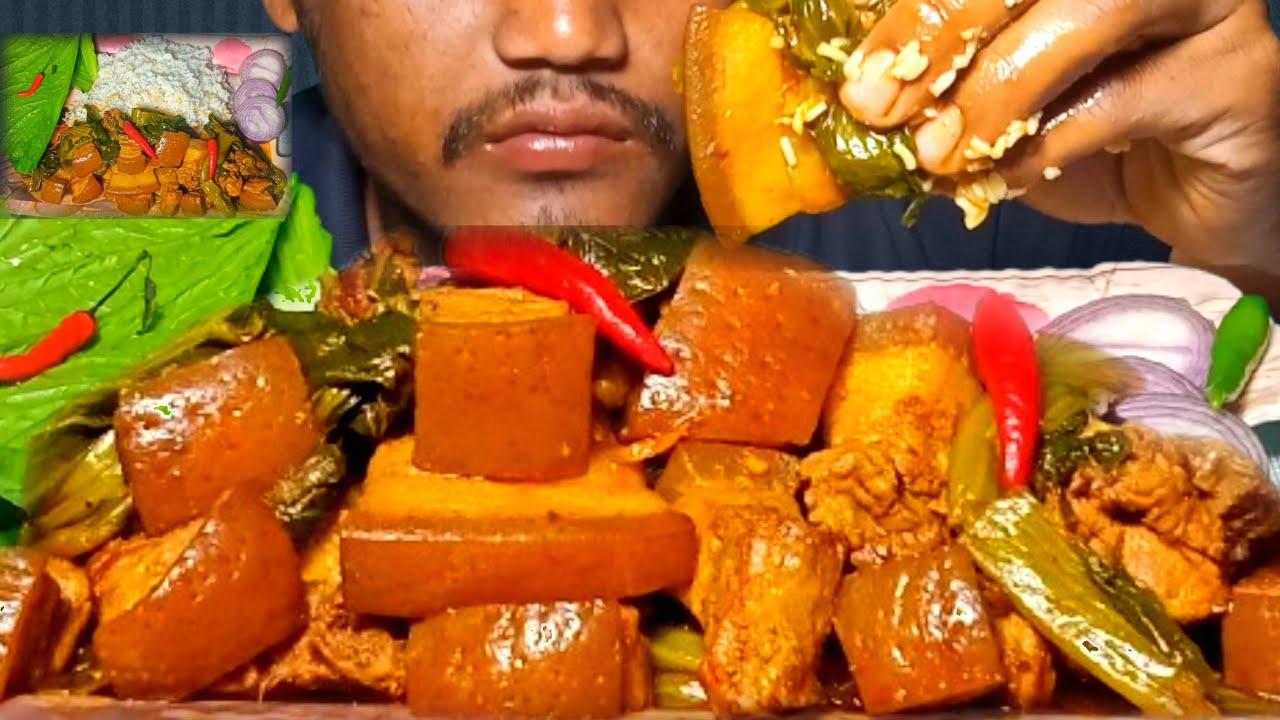 Pork with lai xaak (mustard leave)pork eating show Assamese style