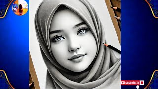 How to draw A girl wearing hijab - Step dy Step || Pencil sketch for beginners - Muslim girl drawing