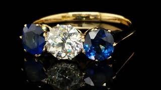 Antique Art Deco 1920S 3-Stone 2.25Tcw Old Cut Diamond & Natural Sapphire Engagement Ring