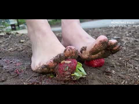 CLF Crushing Over Ripe Strawberry On Muddy Dirt bare feet