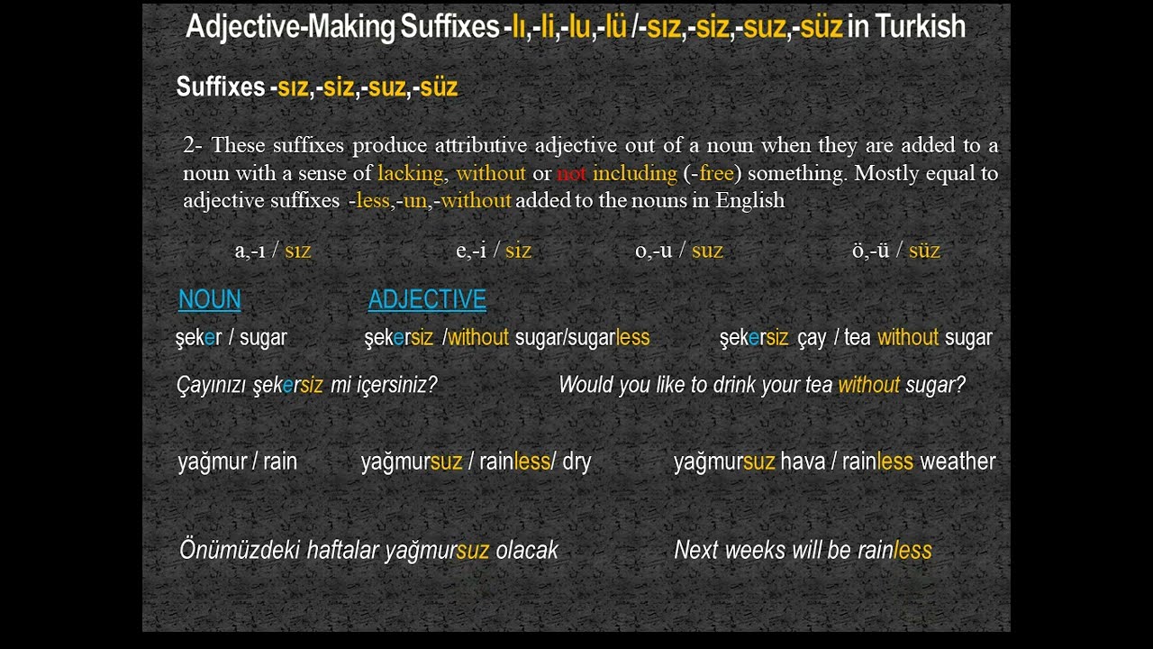 Learn Turkish-81 -lı,-li,-lu,-lü & -sız,-siz,-suz ,-süz suffixes in Turkish