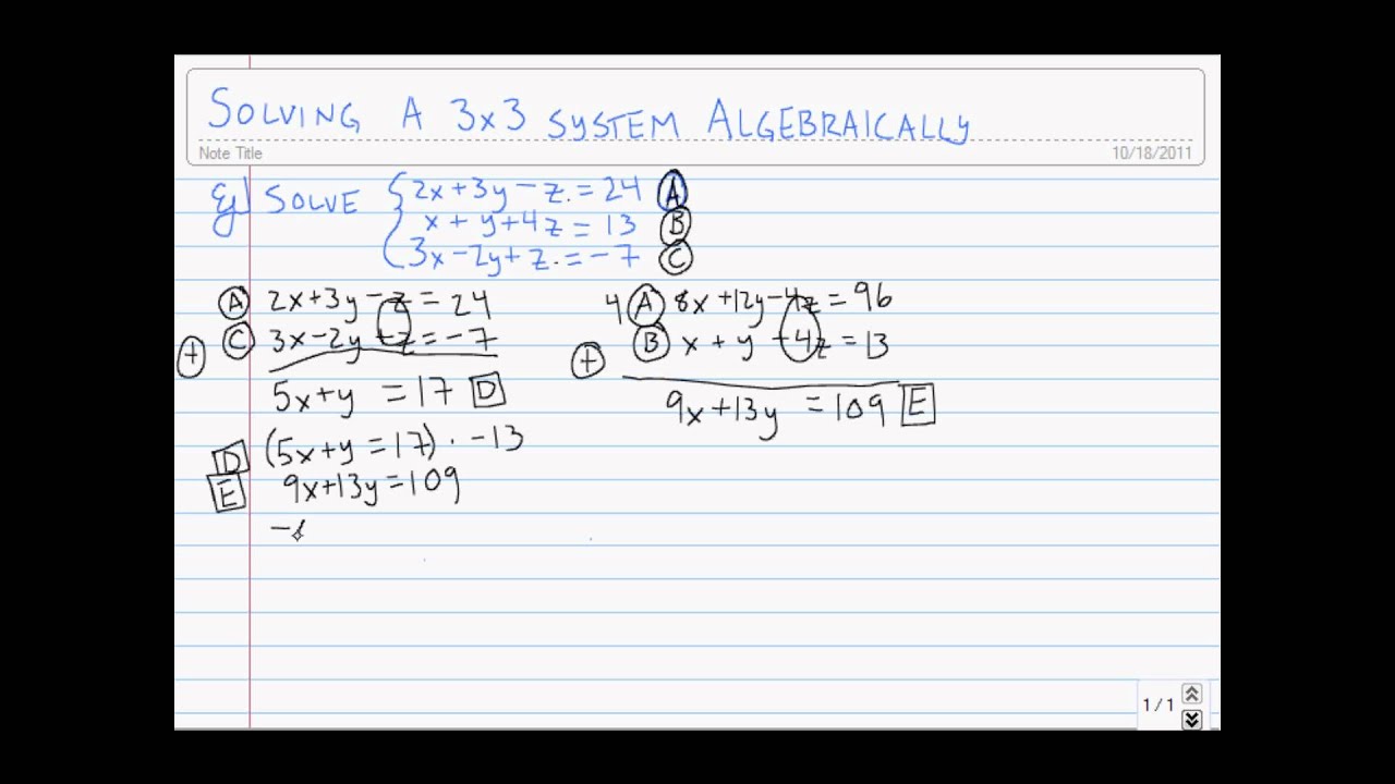 Solving 3x3 Systems Algebraically - YouTube