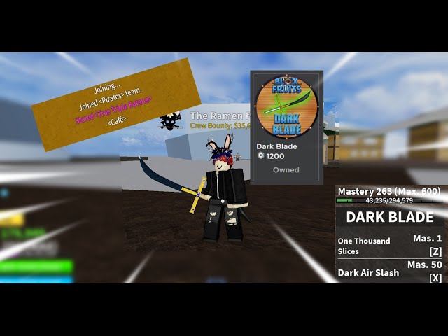 Desapego Games - Roblox > Conta blox fruits com dark blade(yoru), 2x  mastery, 2x money e 2x drop 22M bount