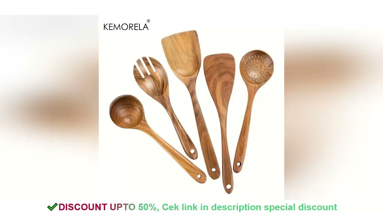 5PCS Natural Wooden Tableware Wooden Spoon Soup Skimmer Cooking Spoon Spatula Long Colander Dinner H