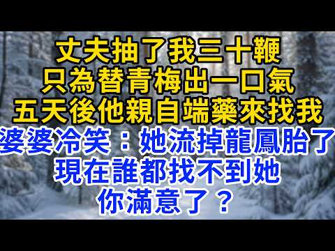 丈夫抽了我三十鞭，只為替青梅出一口氣，五天後他親自端藥來找我，婆婆冷笑：她流掉龍鳳胎了，現在誰都找不到她，你滿意了？#為人處世#生活經驗#情感故事#故事#小說#戀愛#情感#婚姻