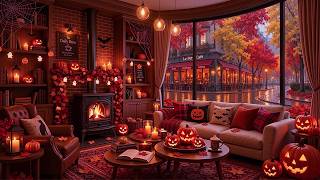 Cozy Fall Café Wrapped in Halloween Magic | Smooth Jazz Piano, Autumn Rain Window & Fireplace Glow screenshot 3