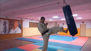 Отработка ударной техники каратэ на боксерском мешке