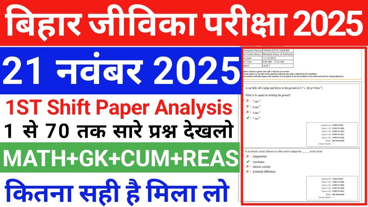 Bihar Jeevika 21 November 1st Shift Paper Analysis 2025 | Bihar Jeevika 21 Nov 1st Shift Exam Review