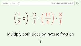 Solve 1/2x-3=2-3/4: Linear Equation Video Solution | Tiger Algebra