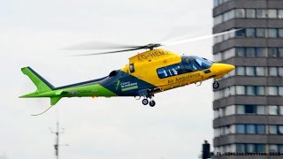 Air Ambulance Agusta A109 Landing & Backward Takeoff at London Heliport