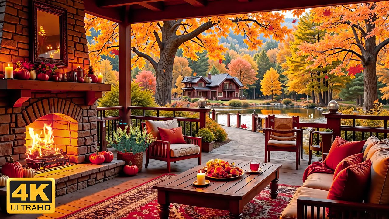 Autumn Lake Cabin Serenity 🏡 Relaxing Piano 🎹 Cozy Fireplace 🔥 Music ...