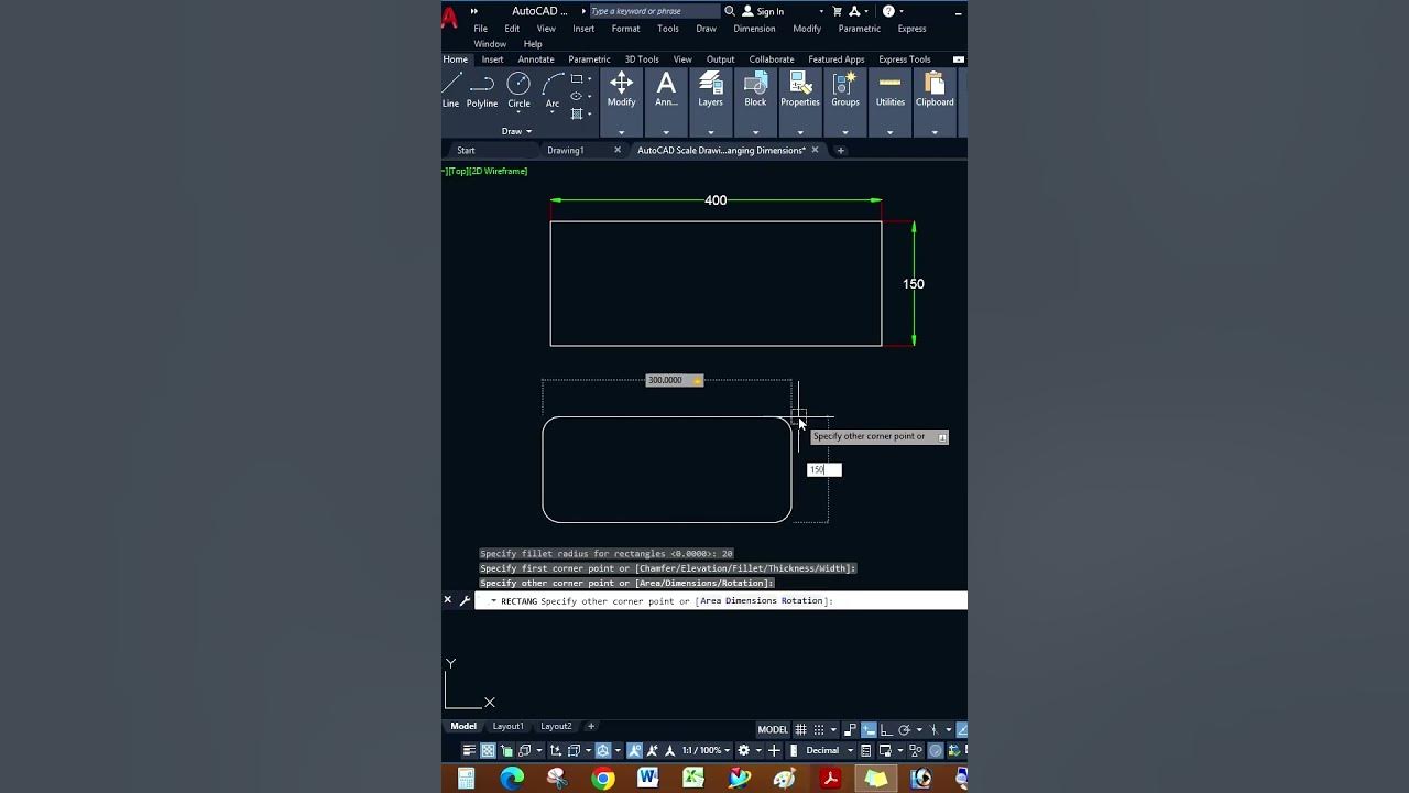 Creating a Rectangle with Dimension and Rounded Corners in AutoCAD A