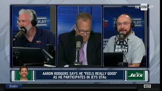 Aaron Rodgers (Conspiracy Theorist) At Yankee Stadium \& Jets - The Michael Kay Show TMKS May 21 2021